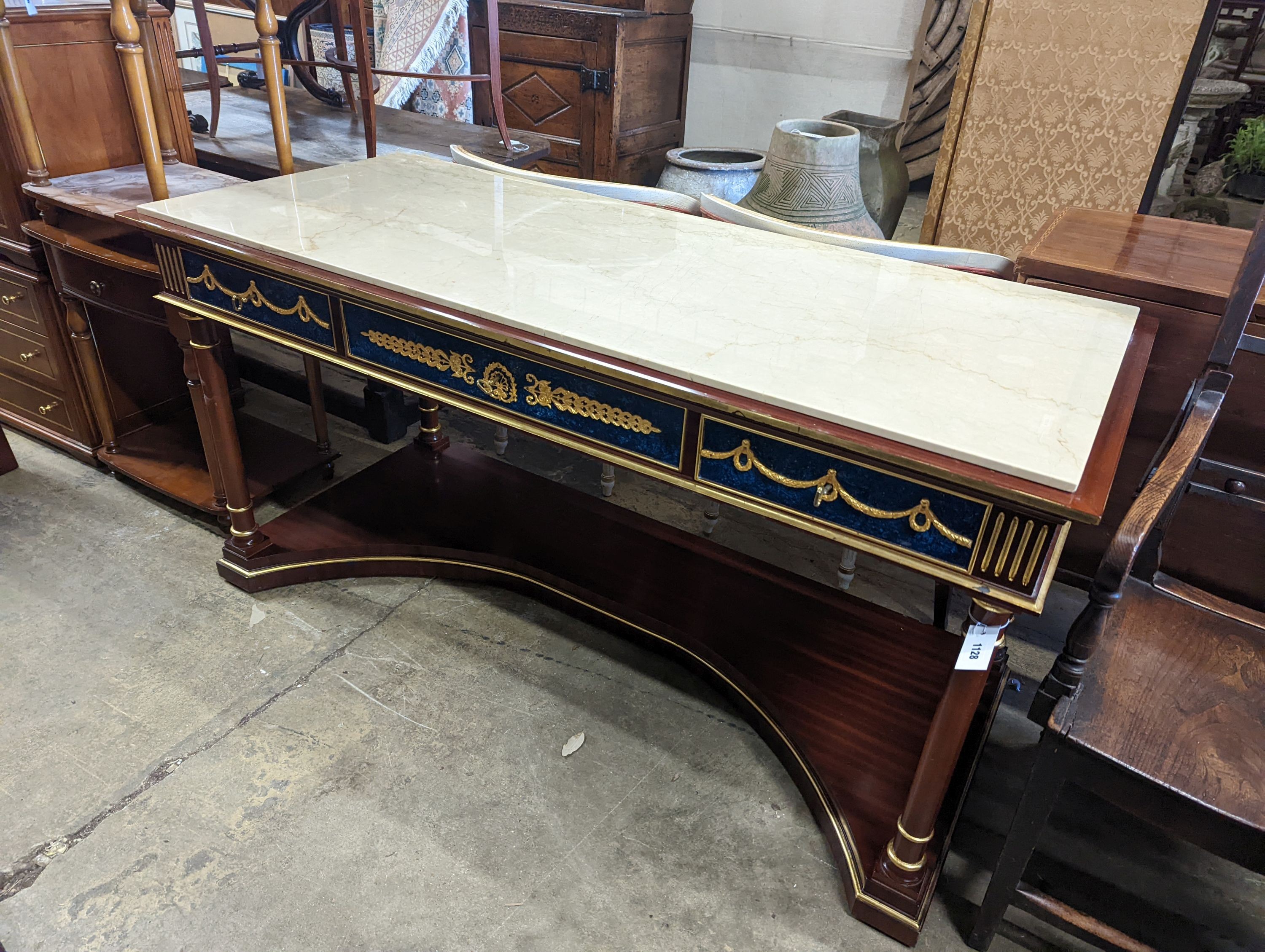 An Empire style parcel gilt and faux malachite marble top console table with concave undertier, width 154cm, depth 65cm, height 80cm